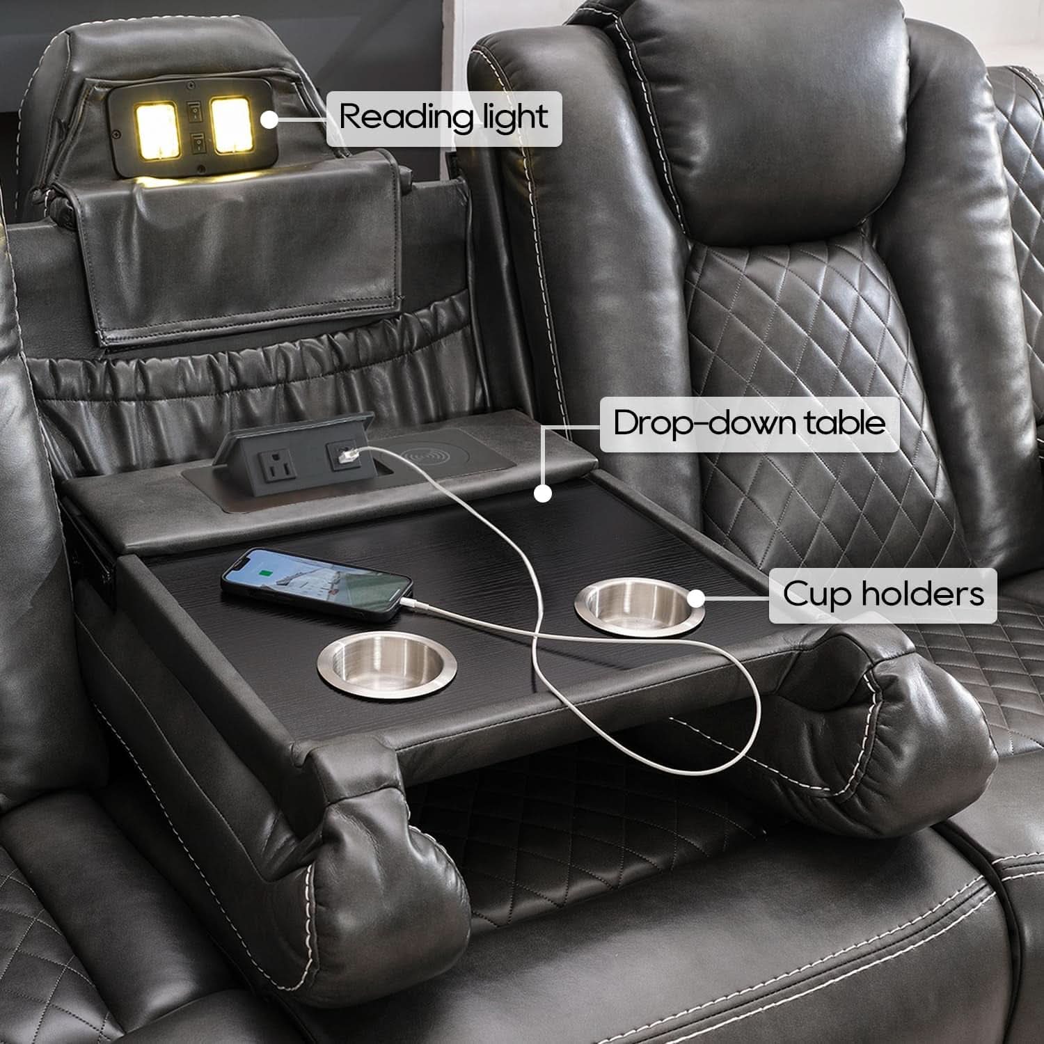 Electric Reclining Sofa With Wireless Charger Grey-4