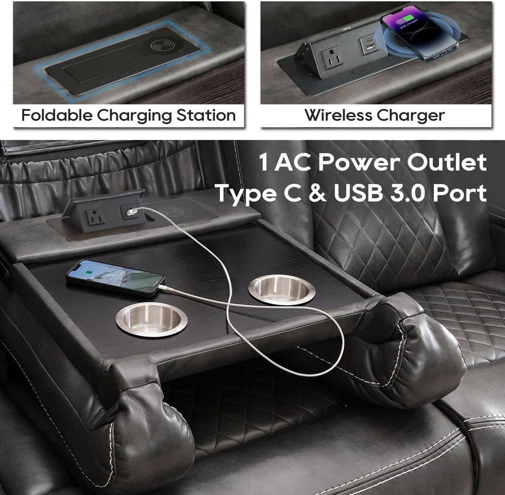 Electric Reclining Sofa With Wireless Charger Grey-2
