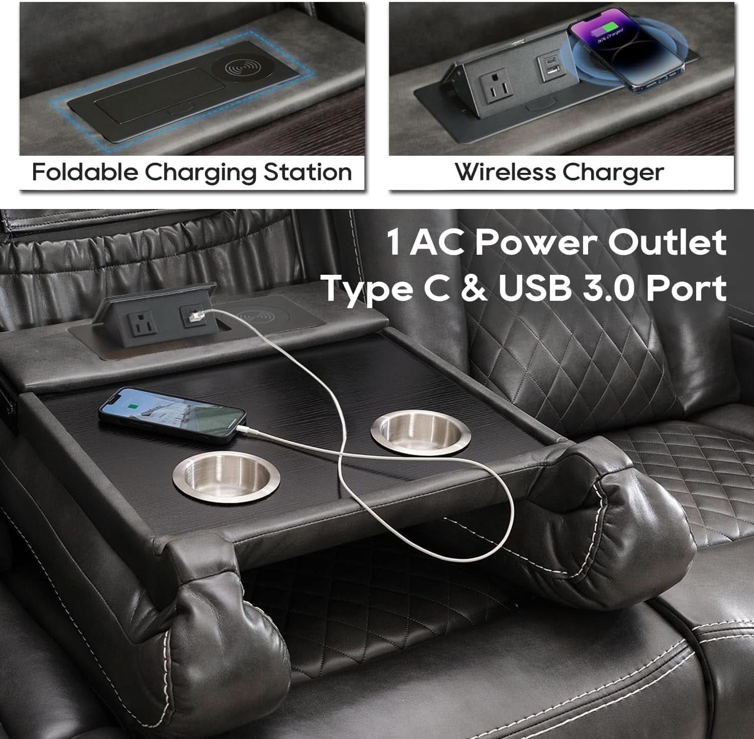Electric Reclining Sofa With Wireless Charger Grey-2