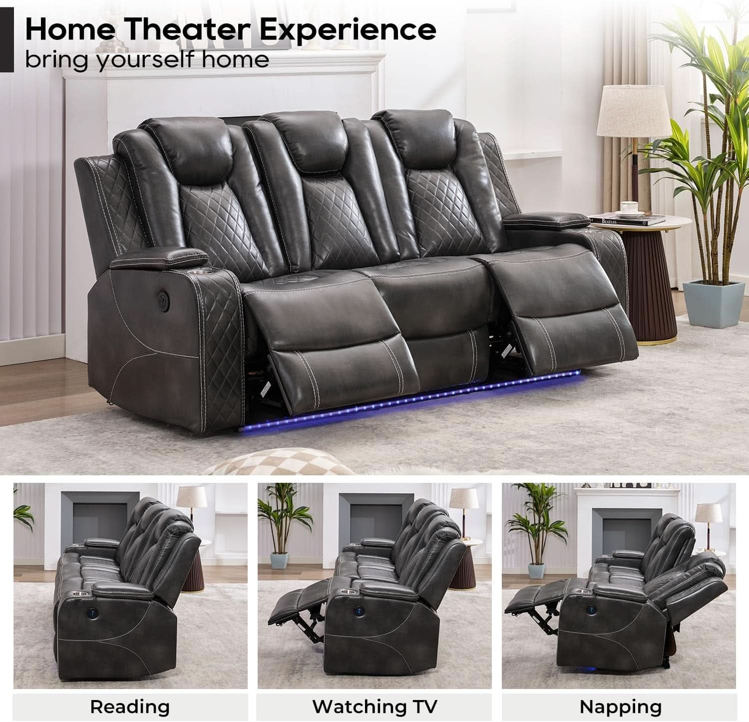 Electric Reclining Sofa With Wireless Charger Grey-3