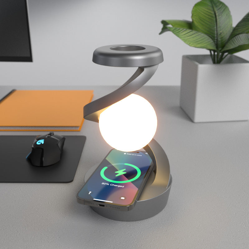 Grey-Black Modern Levitating LED Desk Lamp with Wireless Phone Charger - Spiral Design Atmosphere Light-0